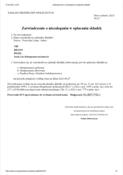 Zaświadczenie o niezaleganiu w ZUS